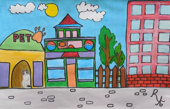 Art Studio PALETTE. Angelina Rudakova Picture.  Marker, Tempera Landscape Houses 